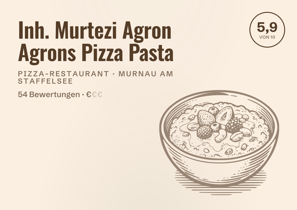 Illustriertes Poster von Inh. Murtezi Agron Agrons Pizza Pasta, Pizza-Restaurant in Murnau am Staffelsee: Bewertung 5,9 von 10 aus 54 Bewertungen, Preisniveau €