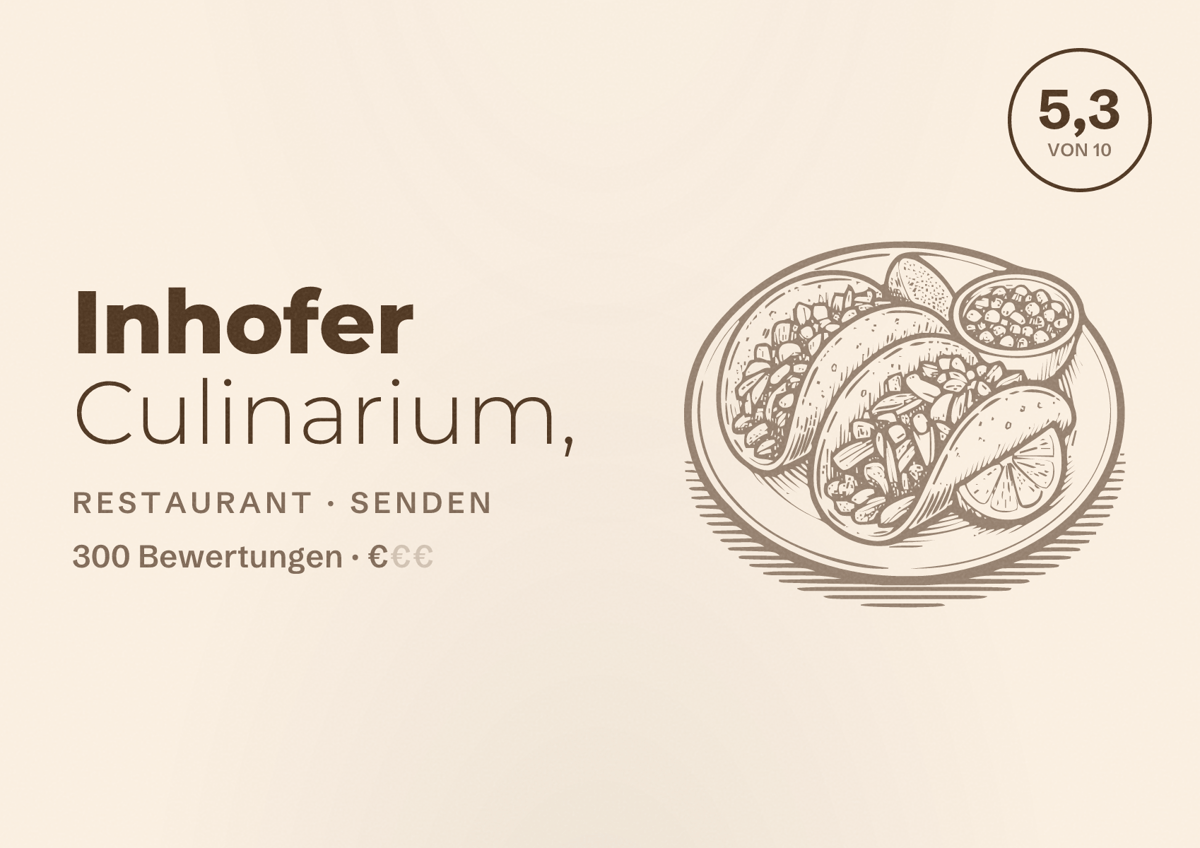 Illustriertes Poster von Inhofer Culinarium,, Restaurant in Senden: Bewertung 5,3 von 10 aus 300 Bewertungen, Preisniveau €
