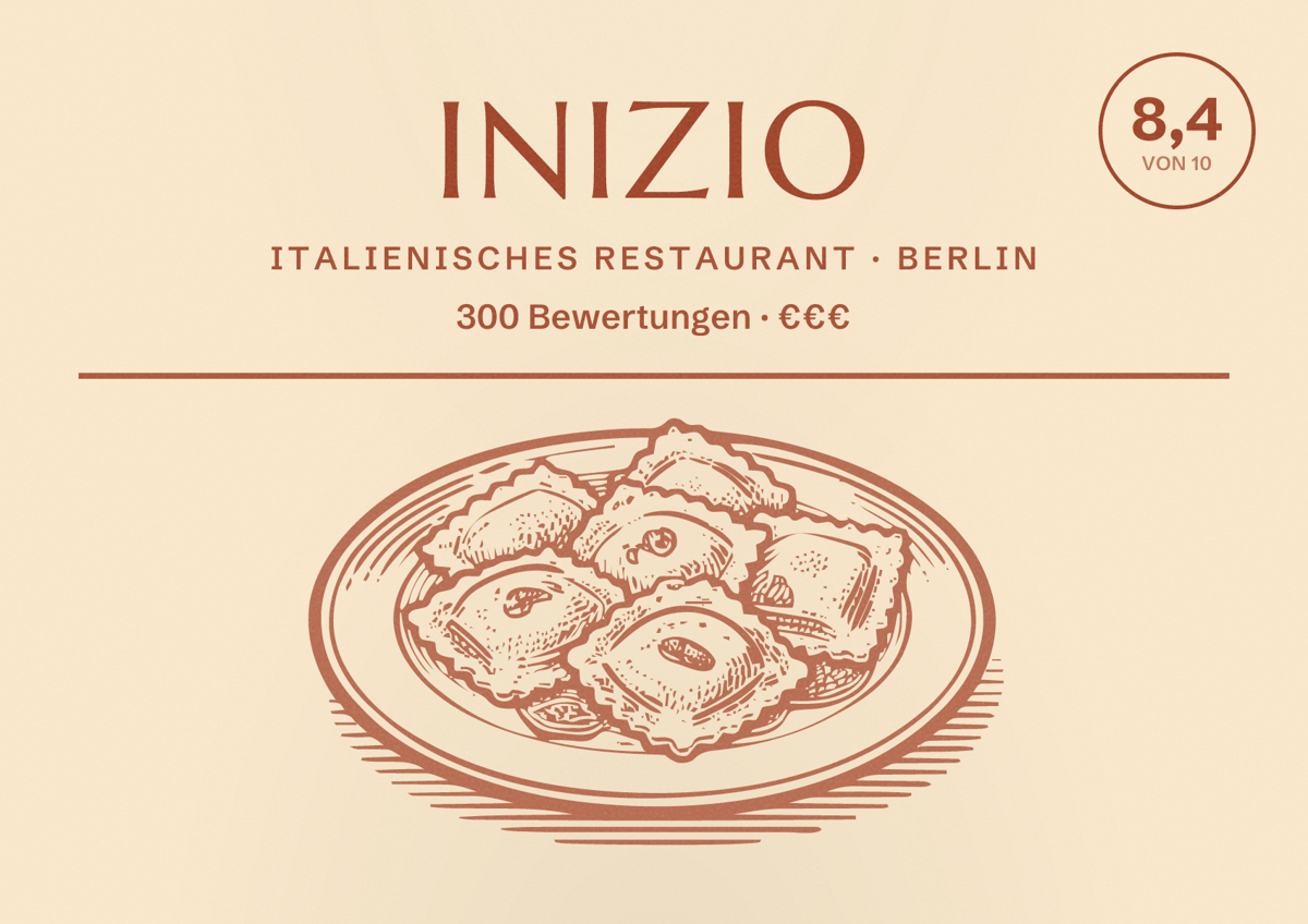 Illustriertes Poster von Inizio, Italienisches Restaurant in Berlin: Bewertung 8,4 von 10 aus 300 Bewertungen, Preisniveau €€€