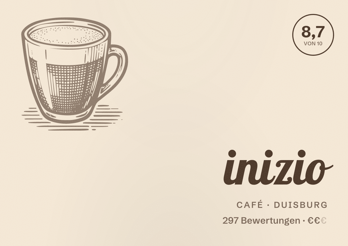 Illustriertes Poster von inizio, Café in Duisburg: Bewertung 8,7 von 10 aus 297 Bewertungen, Preisniveau €€