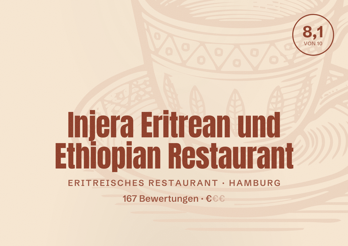 Illustriertes Poster von Injera Eritrean und Ethiopian Restaurant, Eritreisches Restaurant in Hamburg: Bewertung 8,1 von 10 aus 167 Bewertungen, Preisniveau €