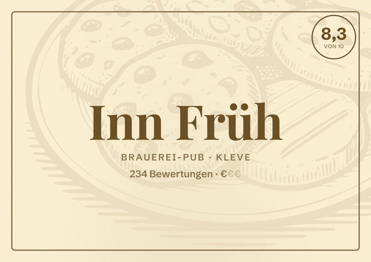 Illustriertes Poster von Inn Früh, Brauerei-Pub in Kleve: Bewertung 8,3 von 10 aus 234 Bewertungen, Preisniveau €