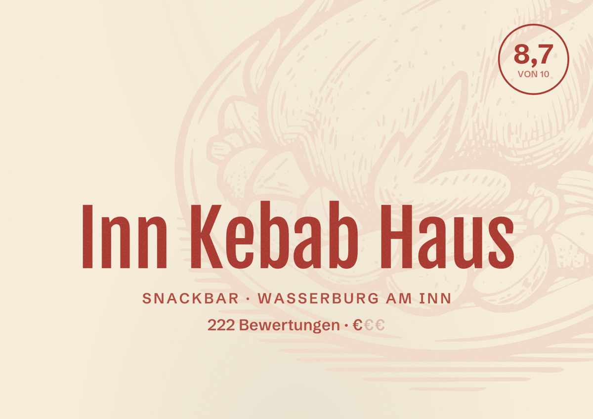 Illustriertes Poster von Inn Kebab Haus, Snackbar in Wasserburg am Inn: Bewertung 8,7 von 10 aus 222 Bewertungen, Preisniveau €