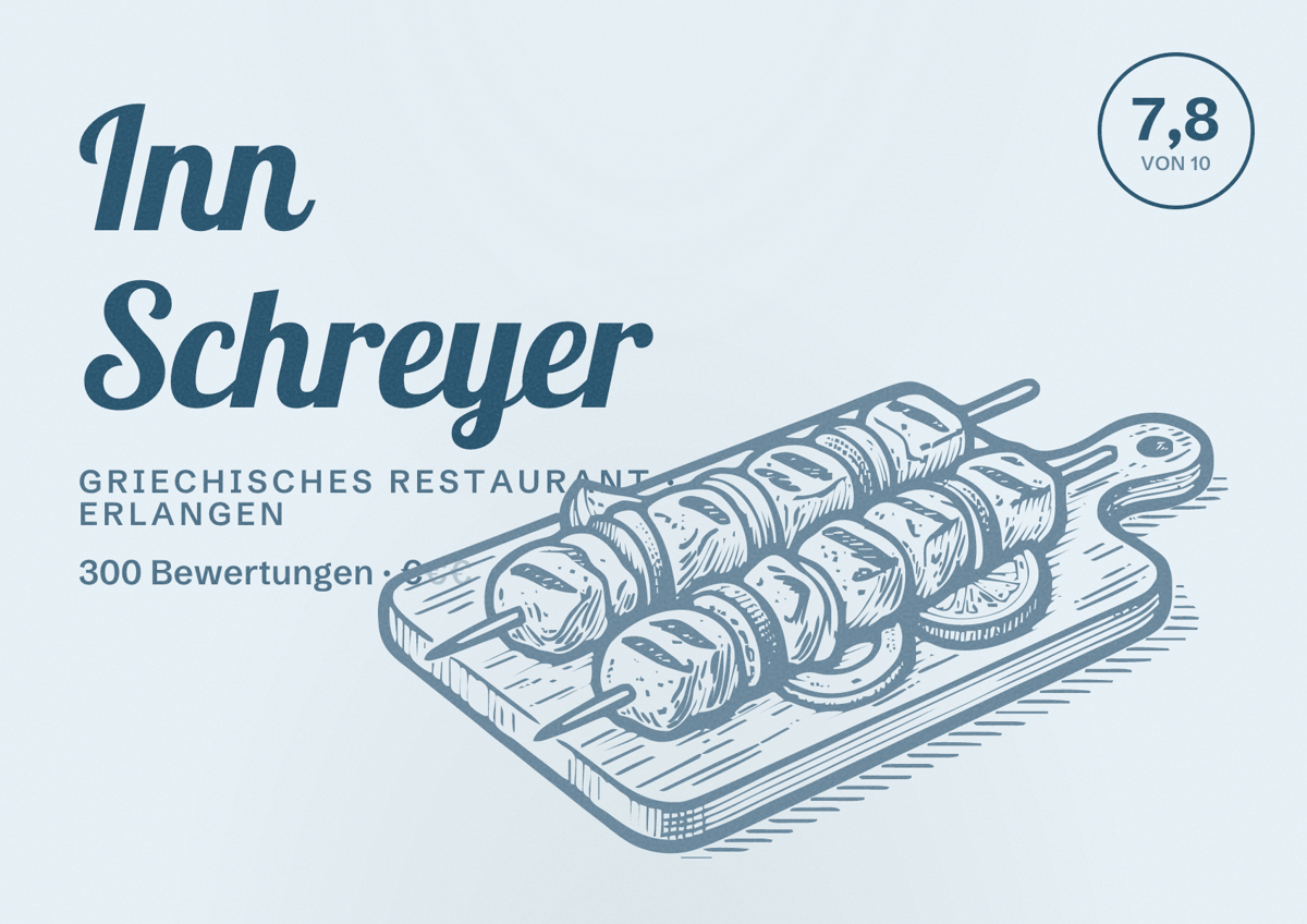 Illustriertes Poster von Inn Schreyer, Griechisches Restaurant in Erlangen: Bewertung 7,8 von 10 aus 300 Bewertungen, Preisniveau €