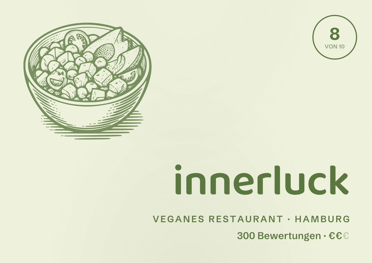 Illustriertes Poster von innerluck, Veganes Restaurant in Hamburg: Bewertung 8 von 10 aus 300 Bewertungen, Preisniveau €€