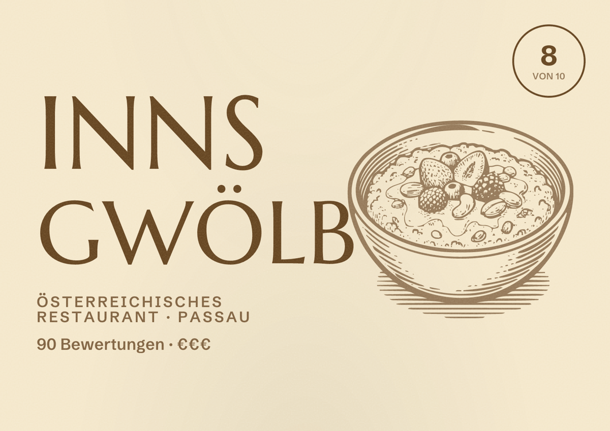 Illustriertes Poster von Inns Gwölb, Österreichisches Restaurant in Passau: Bewertung 8 von 10 aus 90 Bewertungen, Preisniveau €€€