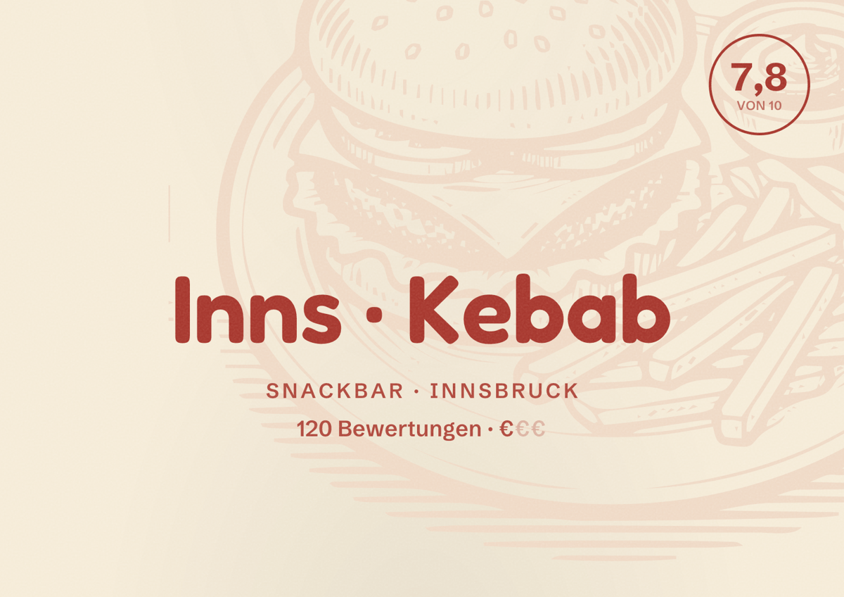 Illustriertes Poster von Inns Kebab, Snackbar in Innsbruck: Bewertung 7,8 von 10 aus 120 Bewertungen, Preisniveau €