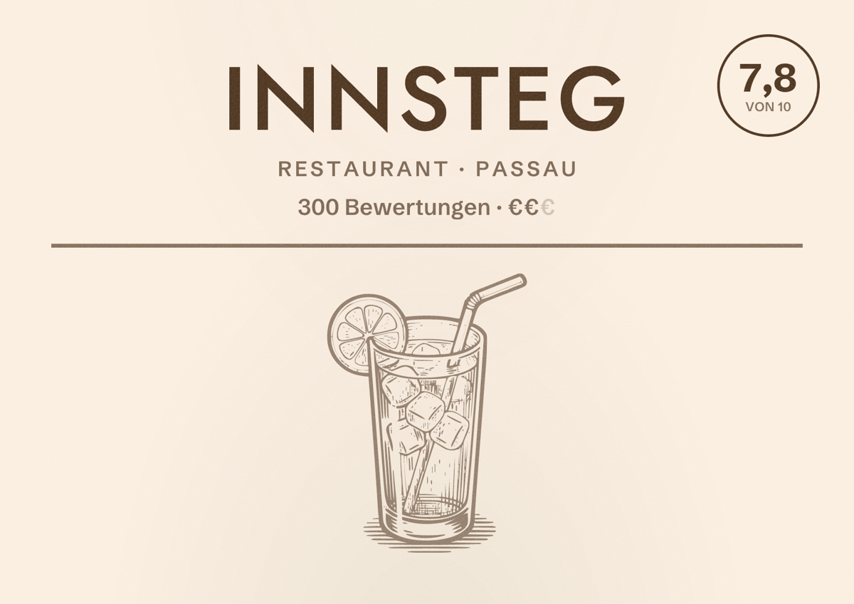 Illustriertes Poster von Innsteg, Restaurant in Passau: Bewertung 7,8 von 10 aus 300 Bewertungen, Preisniveau €€