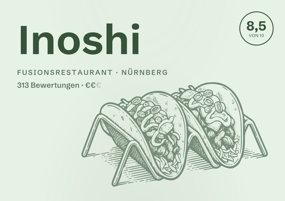 Illustriertes Poster von Inoshi, Fusionsrestaurant in Nürnberg: Bewertung 8,5 von 10 aus 313 Bewertungen, Preisniveau €€