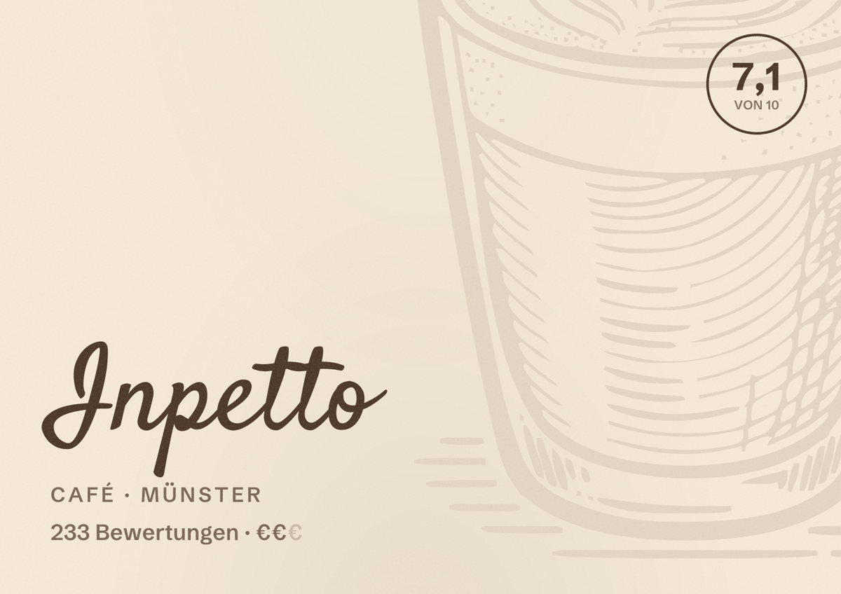 Illustriertes Poster von Inpetto, Café in Münster: Bewertung 7,1 von 10 aus 233 Bewertungen, Preisniveau €€