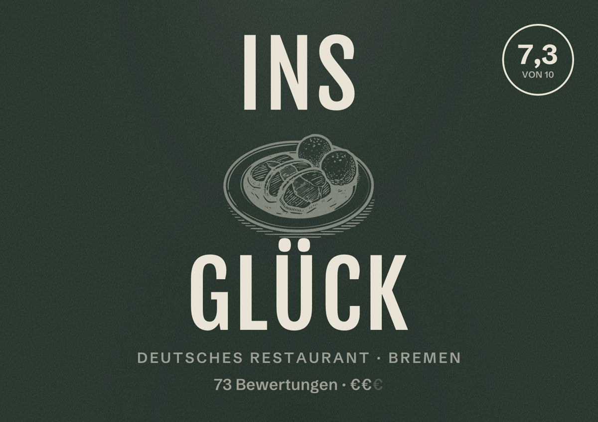 Illustriertes Poster von INS GLÜCK, Deutsches Restaurant in Bremen: Bewertung 7,3 von 10 aus 73 Bewertungen, Preisniveau €€