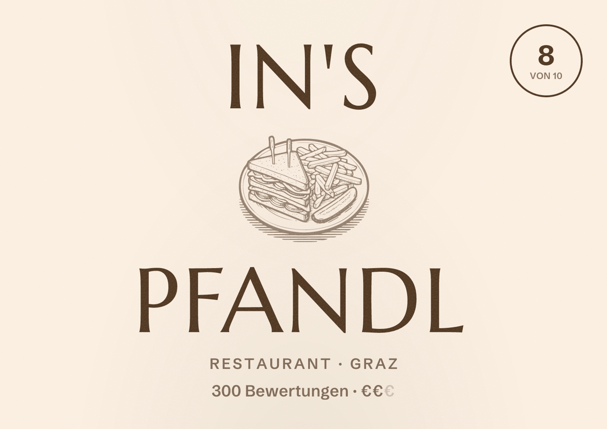 Illustriertes Poster von In's Pfandl, Restaurant in Graz: Bewertung 8 von 10 aus 300 Bewertungen, Preisniveau €€