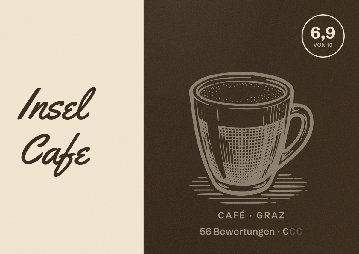 Illustriertes Poster von Insel Cafe, Café in Graz: Bewertung 6,9 von 10 aus 56 Bewertungen, Preisniveau €
