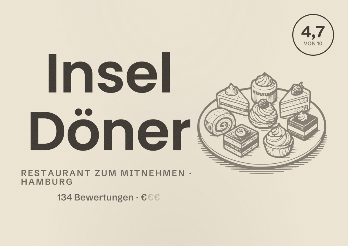Illustriertes Poster von Insel Döner, Restaurant zum Mitnehmen in Hamburg: Bewertung 4,7 von 10 aus 134 Bewertungen, Preisniveau €