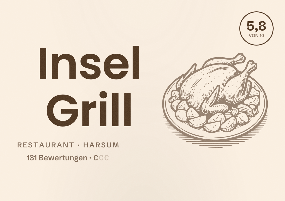 Illustriertes Poster von Insel Grill, Restaurant in Harsum: Bewertung 5,8 von 10 aus 131 Bewertungen, Preisniveau €