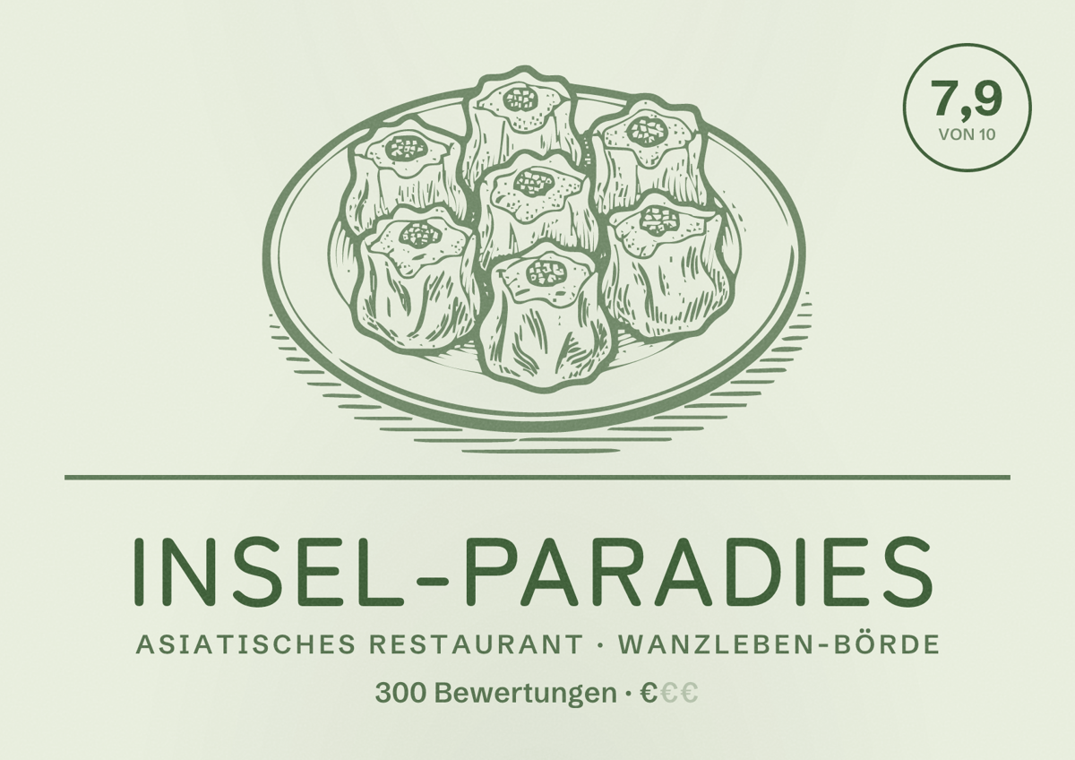 Illustriertes Poster von Insel-Paradies, Asiatisches Restaurant in Wanzleben-Börde: Bewertung 7,9 von 10 aus 300 Bewertungen, Preisniveau €