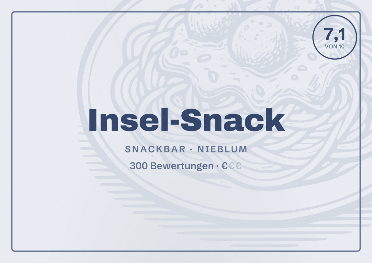 Illustriertes Poster von Insel-Snack, Snackbar in Nieblum: Bewertung 7,1 von 10 aus 300 Bewertungen, Preisniveau €