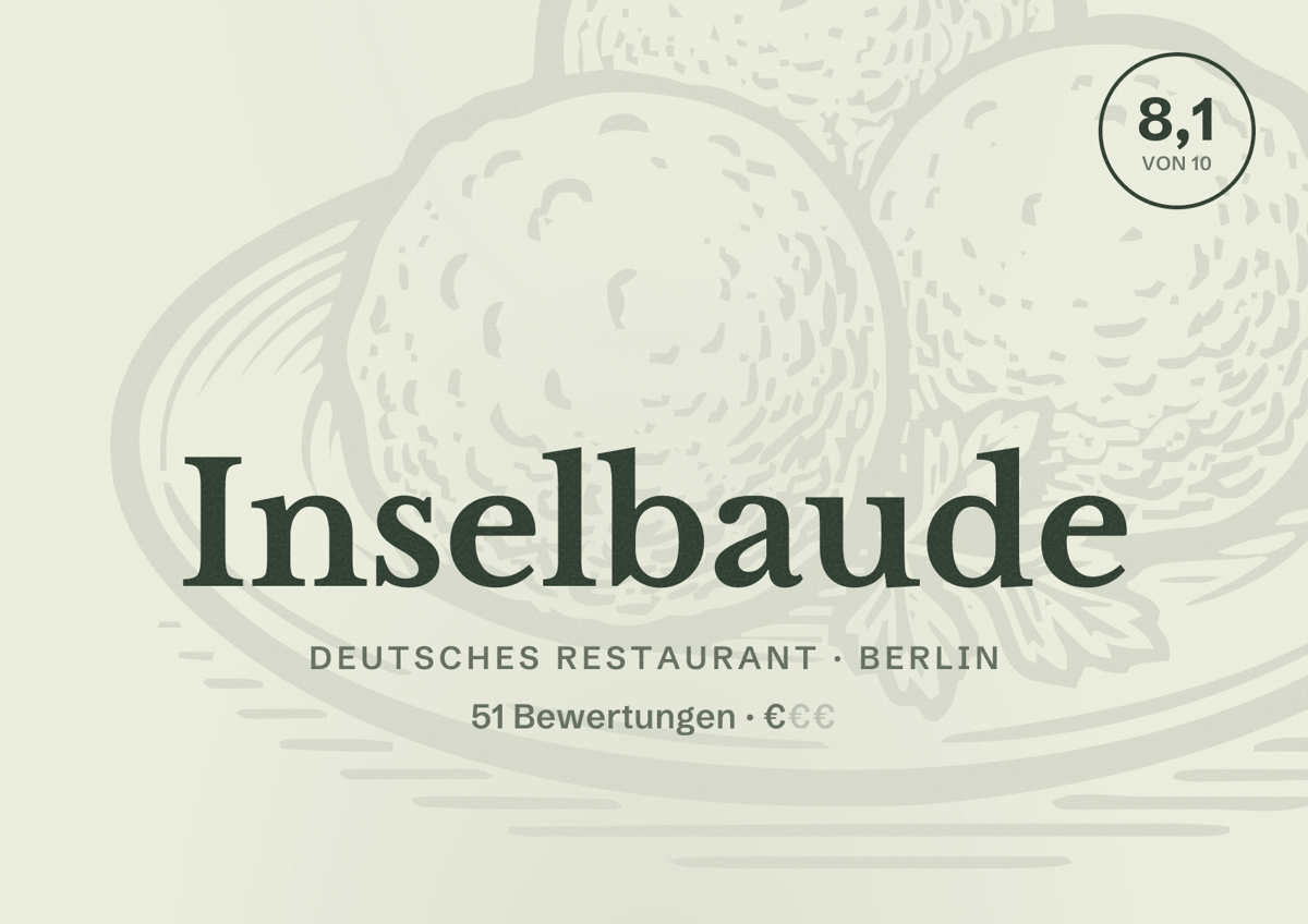 Illustriertes Poster von Inselbaude, Deutsches Restaurant in Berlin: Bewertung 8,1 von 10 aus 51 Bewertungen, Preisniveau €