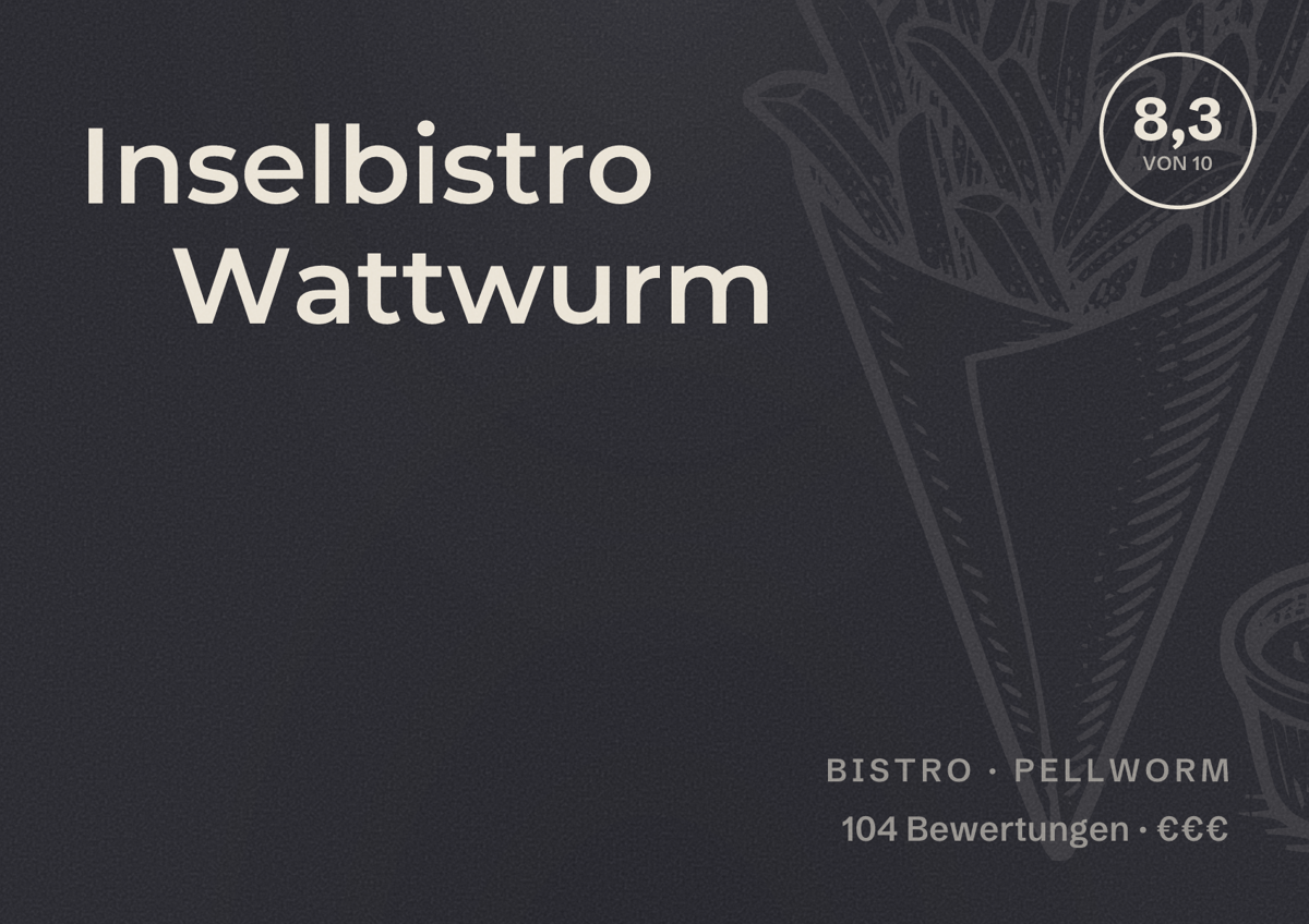 Illustriertes Poster von Inselbistro Wattwurm, Bistro in Pellworm: Bewertung 8,3 von 10 aus 104 Bewertungen, Preisniveau €€€