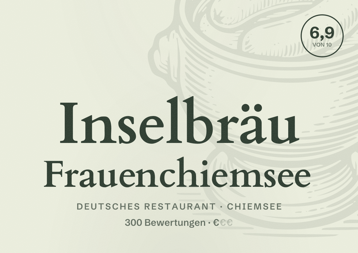 Illustriertes Poster von Inselbräu Frauenchiemsee, Deutsches Restaurant in Chiemsee: Bewertung 6,9 von 10 aus 300 Bewertungen, Preisniveau €