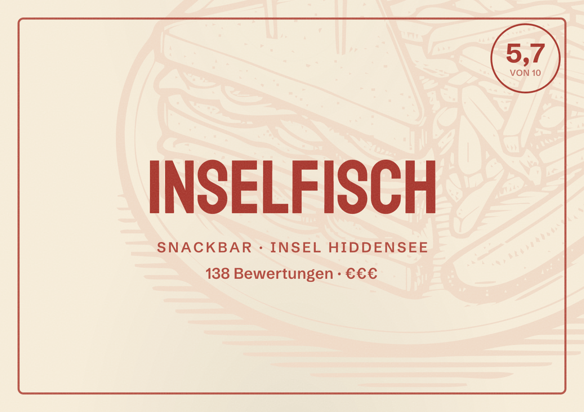 Illustriertes Poster von Inselfisch, Snackbar in Insel Hiddensee: Bewertung 5,7 von 10 aus 138 Bewertungen, Preisniveau €€€