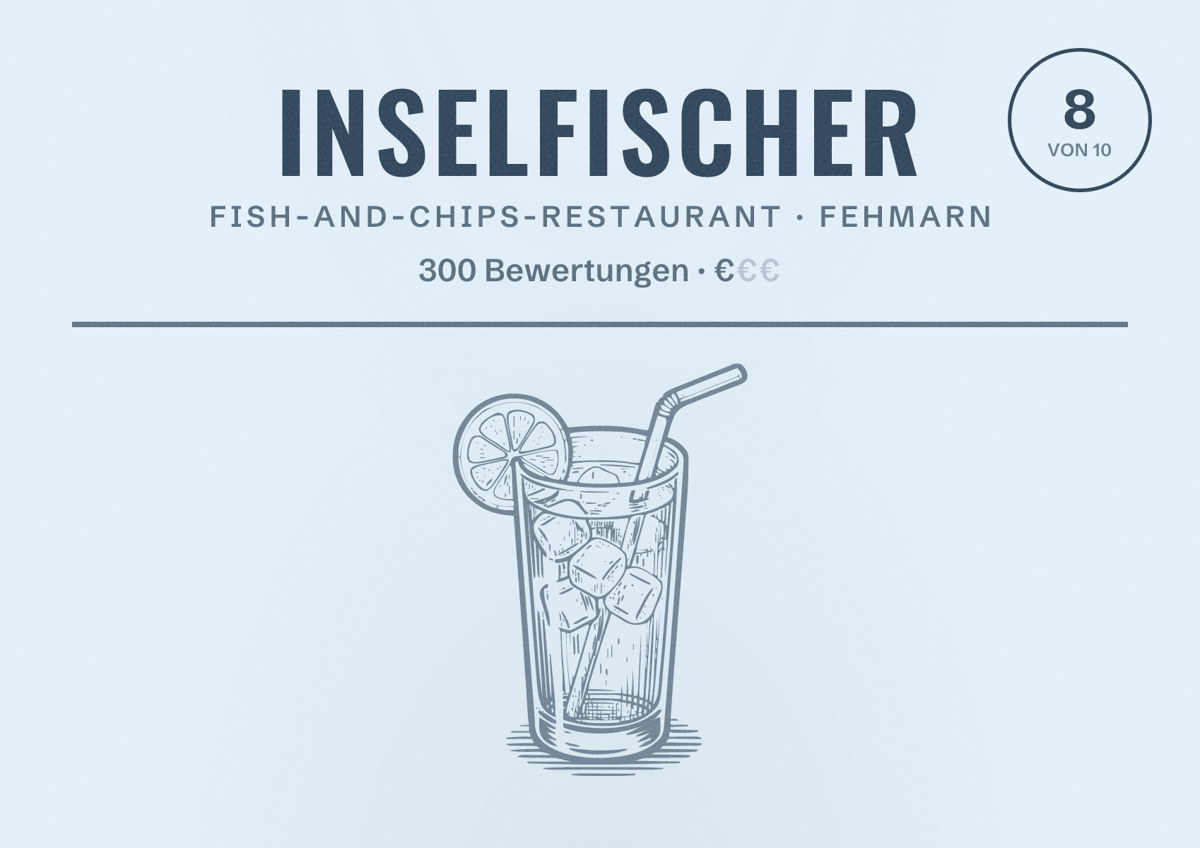 Illustriertes Poster von Inselfischer, Fish-and-Chips-Restaurant in Fehmarn: Bewertung 8 von 10 aus 300 Bewertungen, Preisniveau €