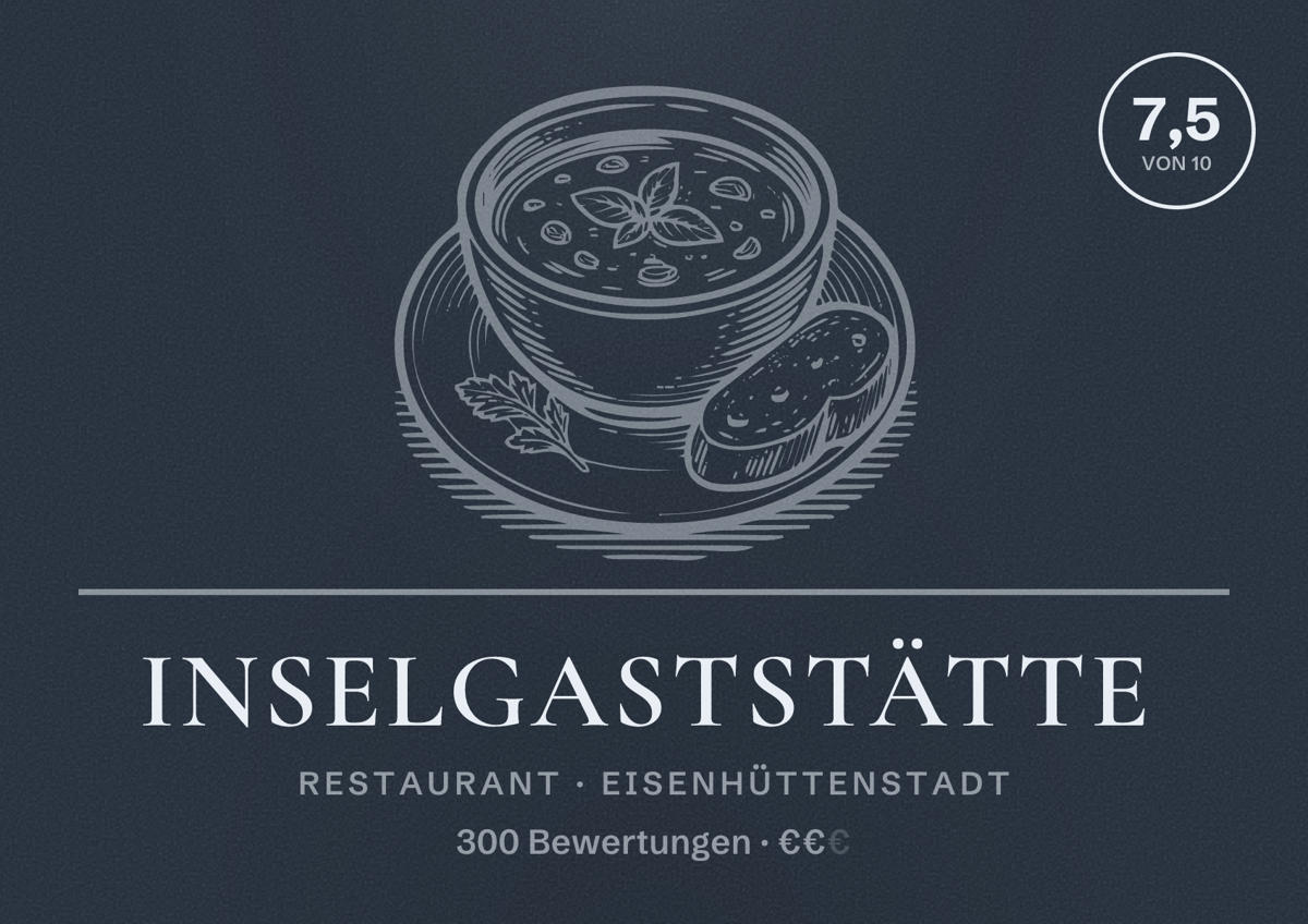 Illustriertes Poster von Inselgaststätte, Restaurant in Eisenhüttenstadt: Bewertung 7,5 von 10 aus 300 Bewertungen, Preisniveau €€
