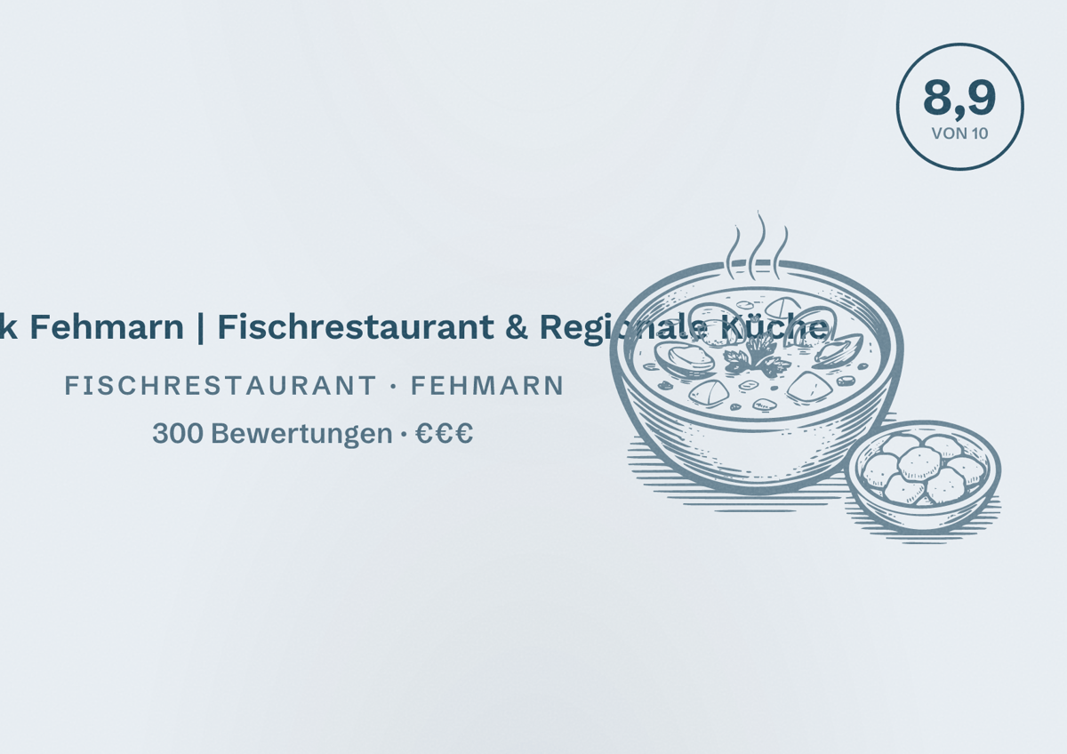 Illustriertes Poster von Inselglück Fehmarn | Fischrestaurant & Regionale Küche, Fischrestaurant in Fehmarn: Bewertung 8,9 von 10 aus 300 Bewertungen, Preisniveau €€€