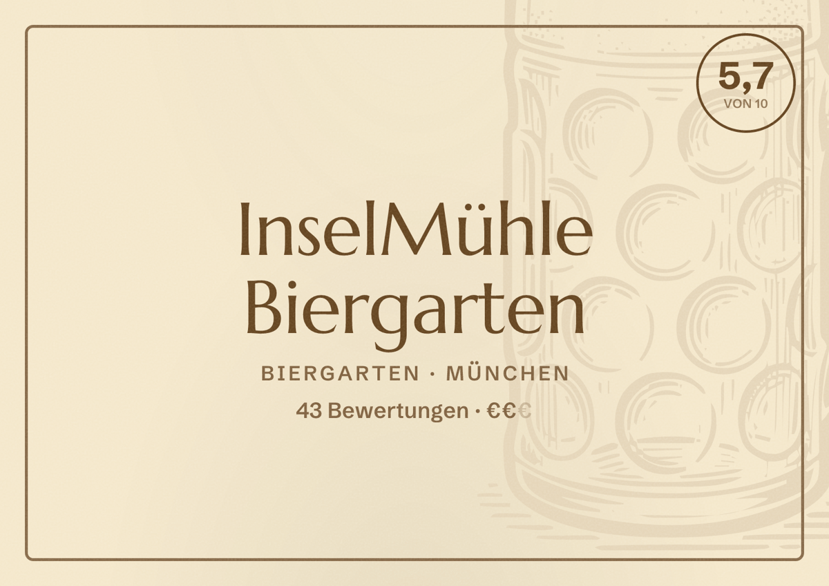 Illustriertes Poster von InselMühle Biergarten, Biergarten in München: Bewertung 5,7 von 10 aus 43 Bewertungen, Preisniveau €€