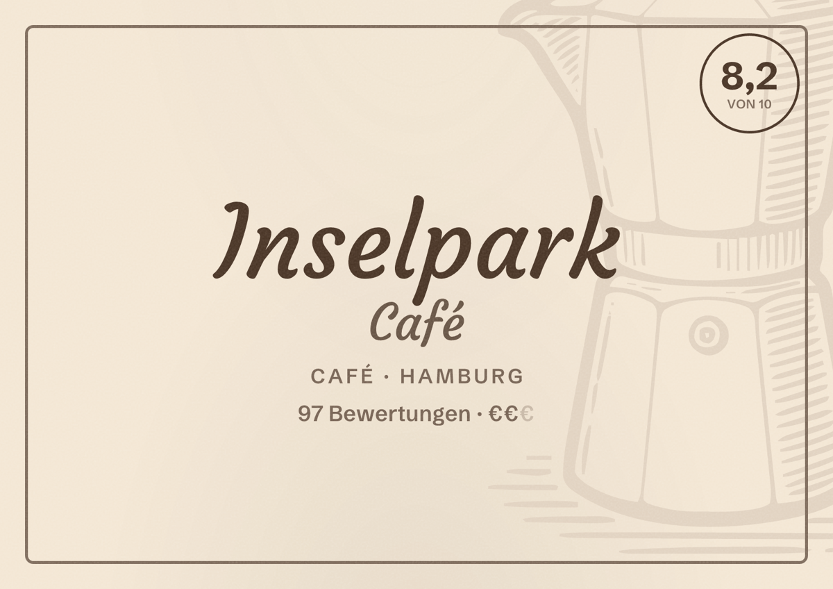 Illustriertes Poster von Inselpark Café, Café in Hamburg: Bewertung 8,2 von 10 aus 97 Bewertungen, Preisniveau €€
