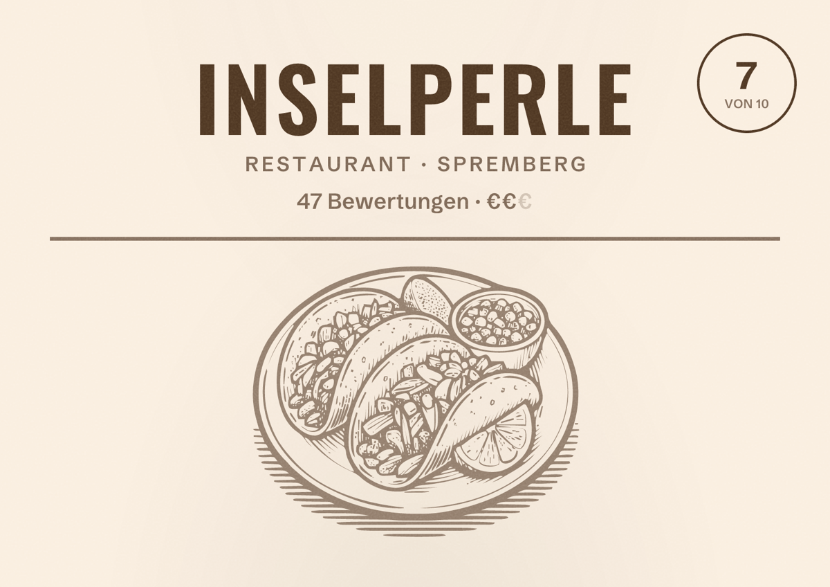 Illustriertes Poster von InselPerle, Restaurant in Spremberg: Bewertung 7 von 10 aus 47 Bewertungen, Preisniveau €€