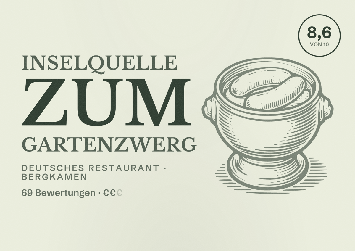 Illustriertes Poster von Inselquelle zum Gartenzwerg, Deutsches Restaurant in Bergkamen: Bewertung 8,6 von 10 aus 69 Bewertungen, Preisniveau €€
