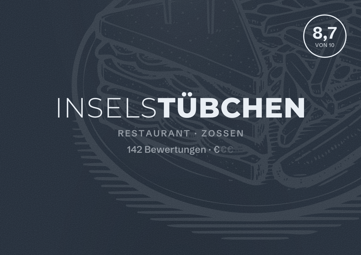 Illustriertes Poster von Inselstübchen, Restaurant in Zossen: Bewertung 8,7 von 10 aus 142 Bewertungen, Preisniveau €