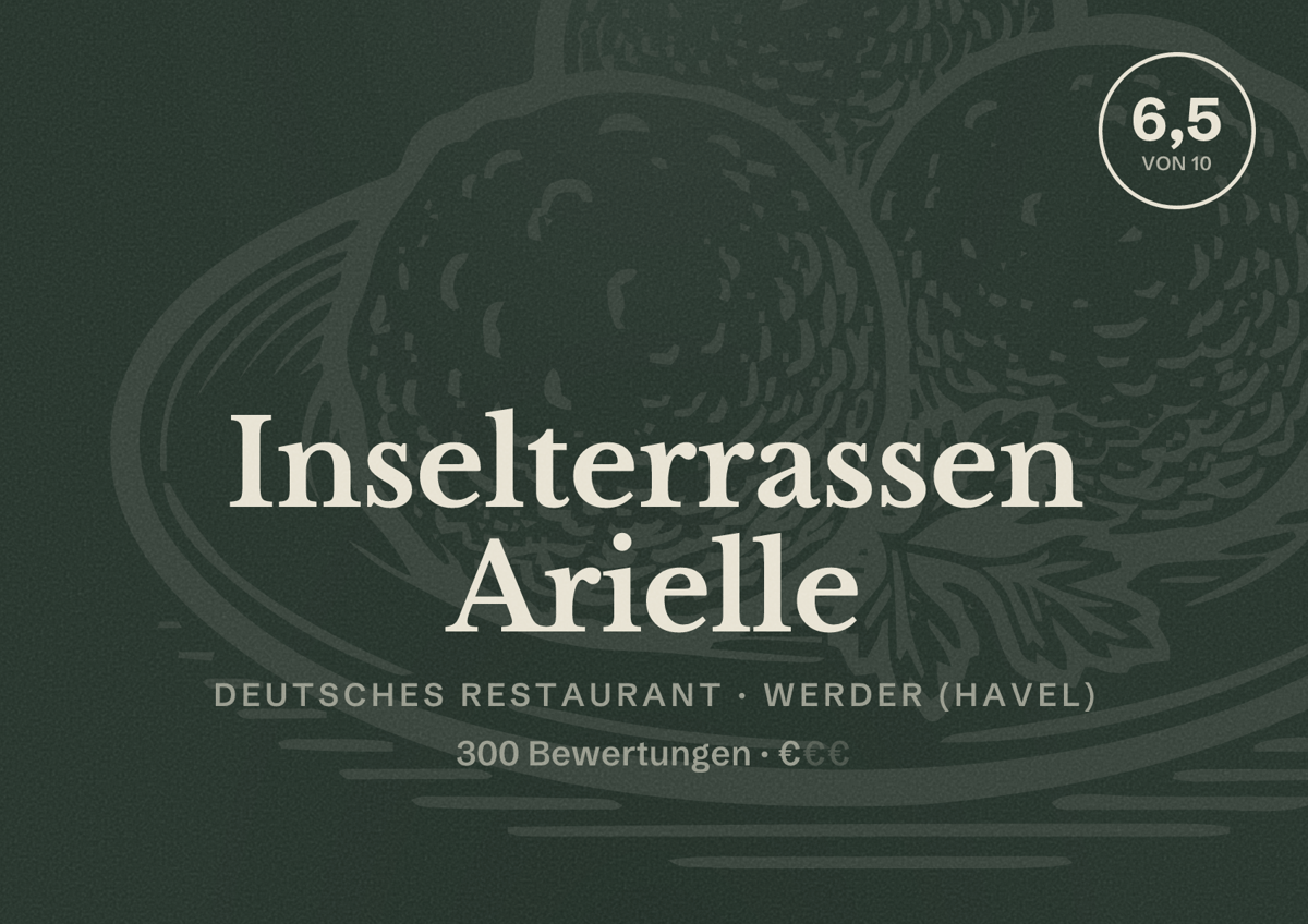 Illustriertes Poster von Inselterrassen Arielle, Deutsches Restaurant in Werder (Havel): Bewertung 6,5 von 10 aus 300 Bewertungen, Preisniveau €