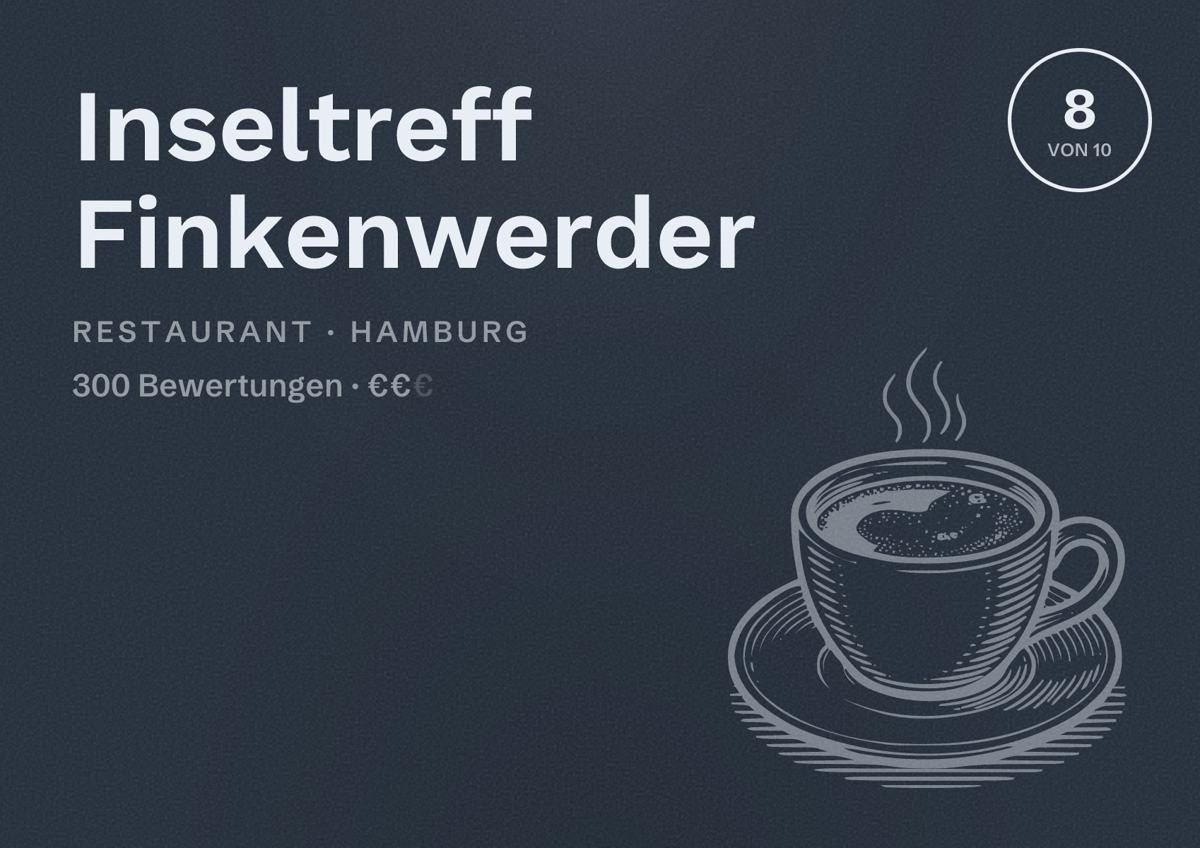 Illustriertes Poster von Inseltreff Finkenwerder, Restaurant in Hamburg: Bewertung 8,0 von 10 aus 300 Bewertungen, Preisniveau €€