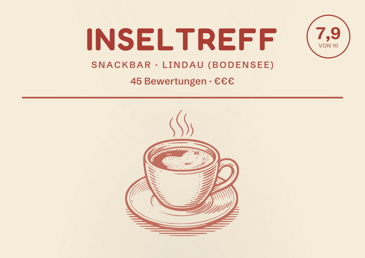 Illustriertes Poster von Inseltreff, Snackbar in Lindau (Bodensee): Bewertung 7,9 von 10 aus 45 Bewertungen, Preisniveau €€€