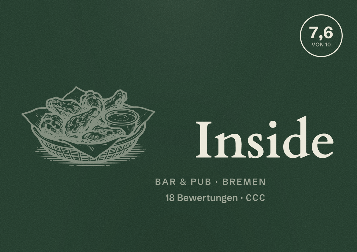 Illustriertes Poster von Inside, Bar & Pub in Bremen: Bewertung 7,6 von 10 aus 18 Bewertungen, Preisniveau €€€