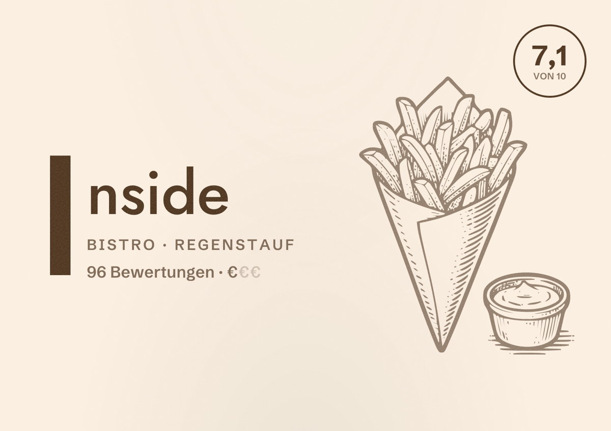 Illustriertes Poster von Inside, Bistro in Regenstauf: Bewertung 7,1 von 10 aus 96 Bewertungen, Preisniveau €