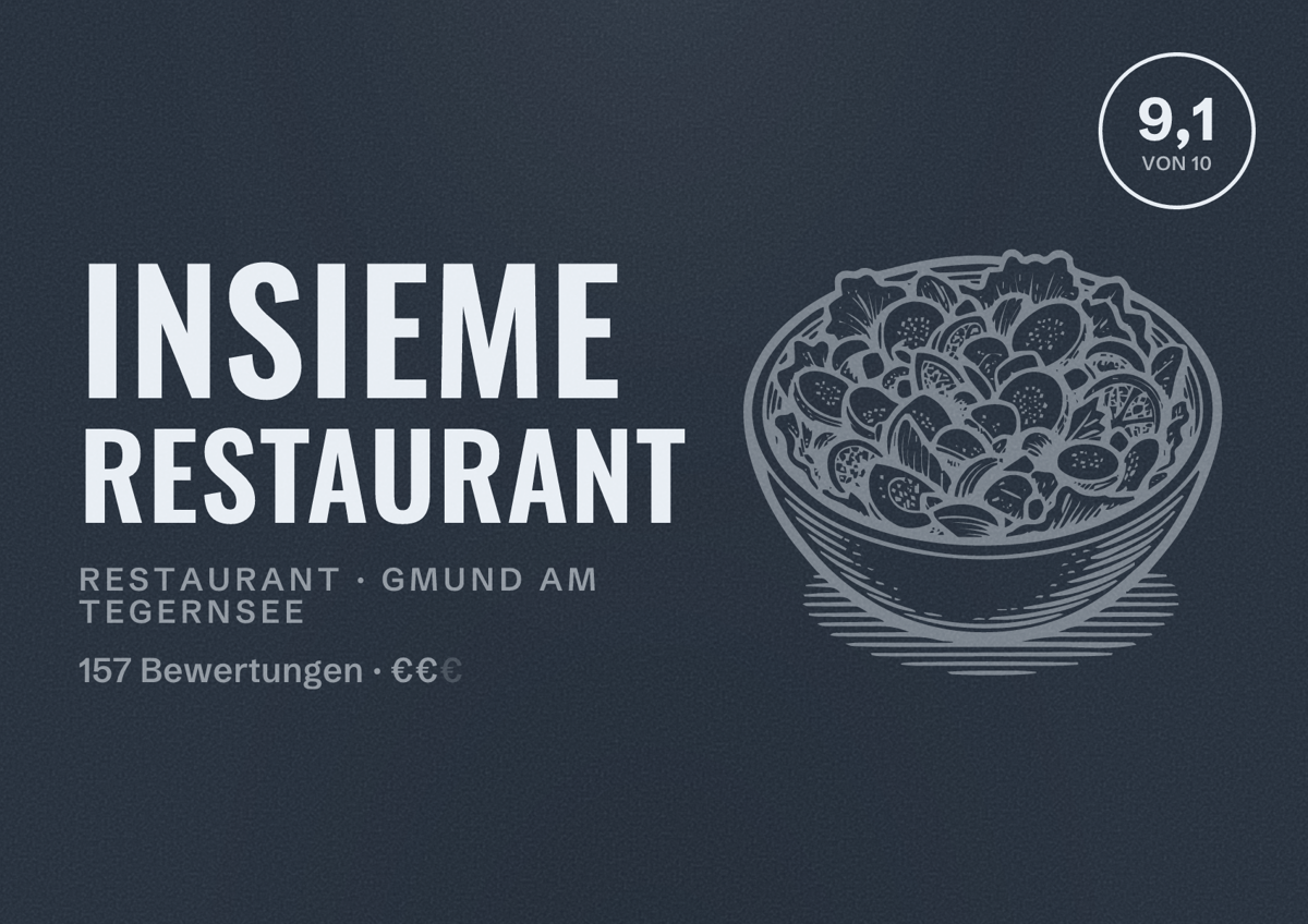 Illustriertes Poster von Insieme Restaurant, Restaurant in Gmund am Tegernsee: Bewertung 9,1 von 10 aus 157 Bewertungen, Preisniveau €€