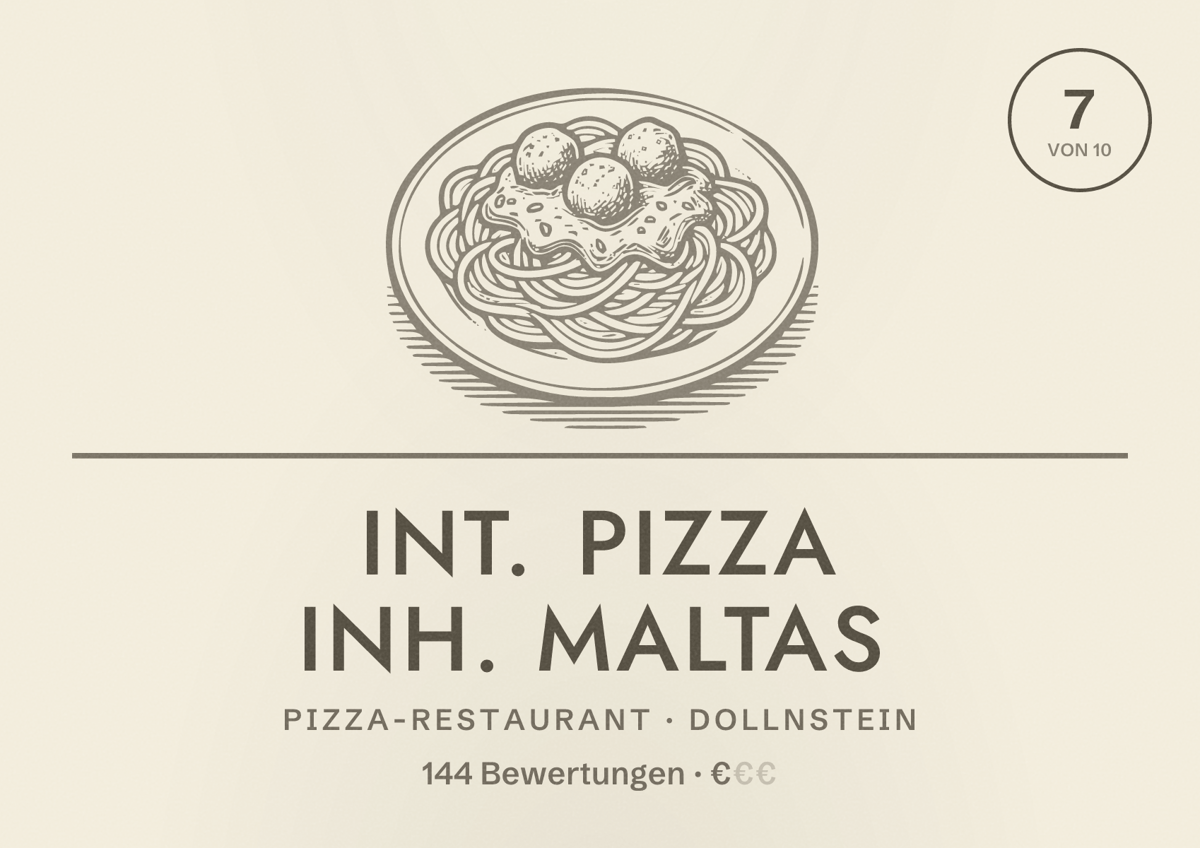 Illustriertes Poster von Int. Pizza Inh. Maltas, Pizza-Restaurant in Dollnstein: Bewertung 7 von 10 aus 144 Bewertungen, Preisniveau €