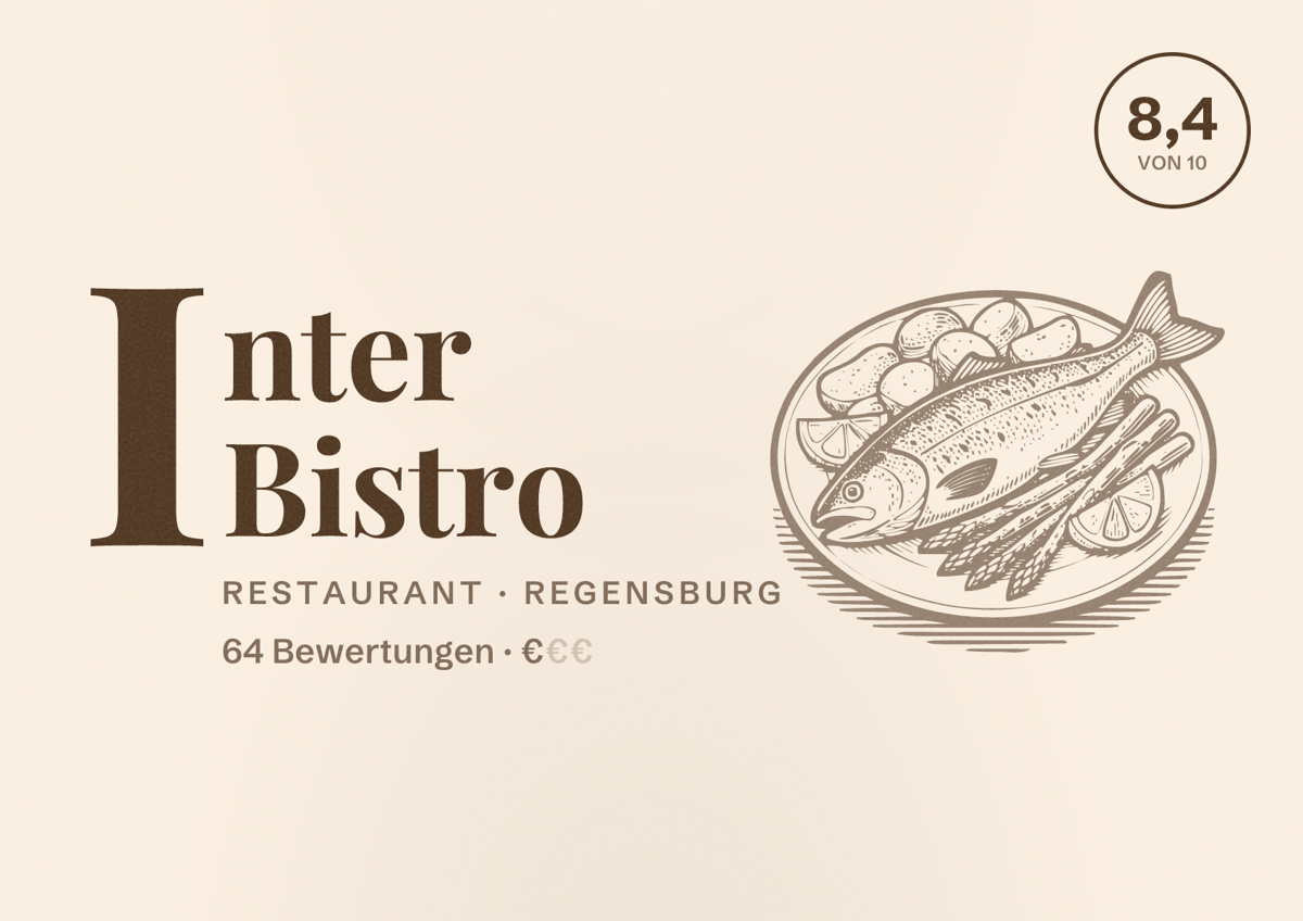 Illustriertes Poster von Inter Bistro, Restaurant in Regensburg: Bewertung 8,4 von 10 aus 64 Bewertungen, Preisniveau €