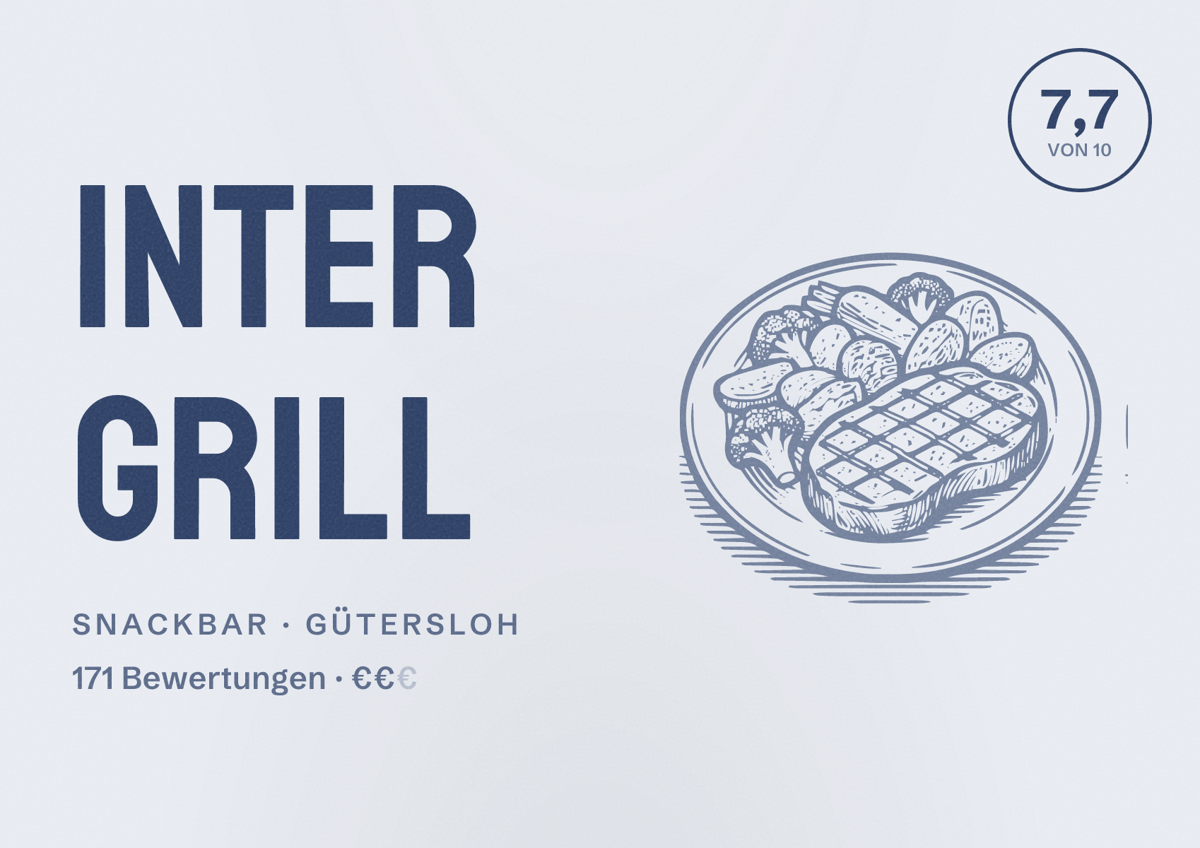 Illustriertes Poster von Inter Grill, Snackbar in Gütersloh: Bewertung 7,7 von 10 aus 171 Bewertungen, Preisniveau €€