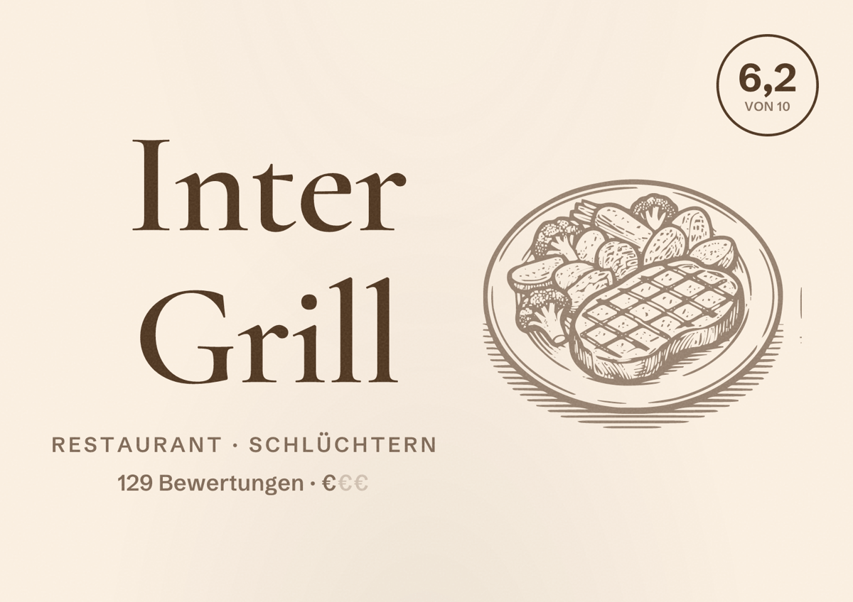 Illustriertes Poster von Inter Grill, Restaurant in Schlüchtern: Bewertung 6,2 von 10 aus 129 Bewertungen, Preisniveau €