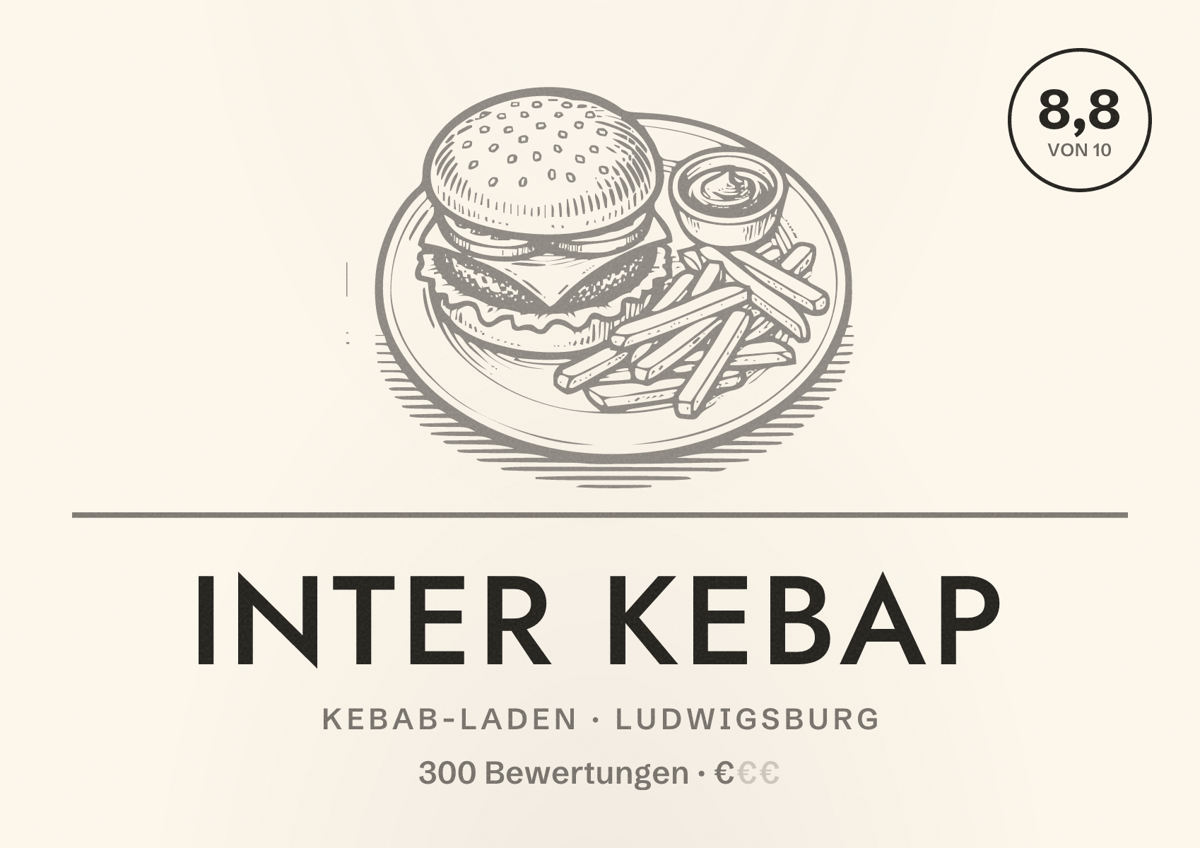 Illustriertes Poster von Inter Kebap, Kebab-Laden in Ludwigsburg: Bewertung 8,8 von 10 aus 300 Bewertungen, Preisniveau €