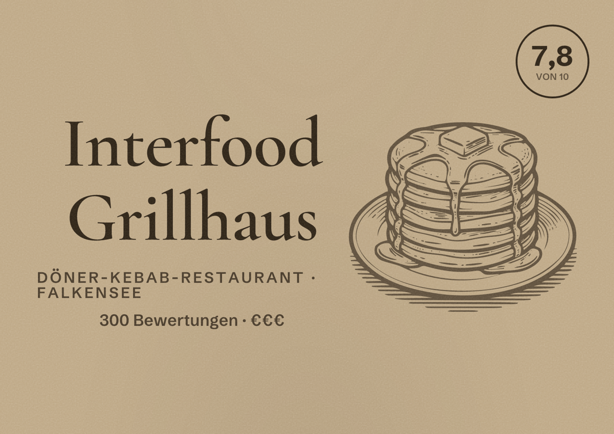 Illustriertes Poster von Interfood Grillhaus, Döner-Kebab-Restaurant in Falkensee: Bewertung 7,8 von 10 aus 300 Bewertungen, Preisniveau €€€