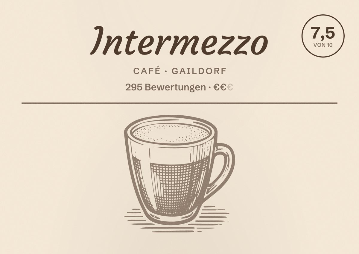 Illustriertes Poster von Intermezzo, Café in Gaildorf: Bewertung 7,5 von 10 aus 295 Bewertungen, Preisniveau €€