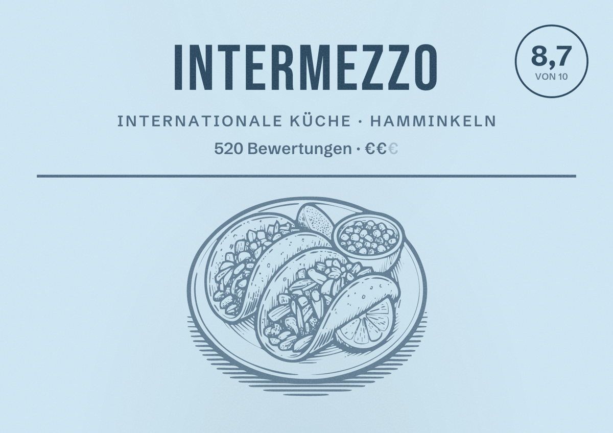 Illustriertes Poster von Intermezzo, Internationale Küche in Hamminkeln: Bewertung 8,7 von 10 aus 520 Bewertungen, Preisniveau €€