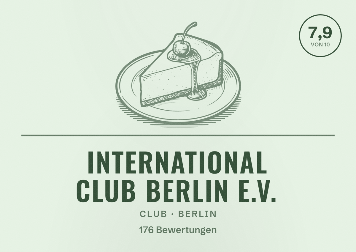 Illustriertes Poster von International Club Berlin e.V., Club in Berlin: Bewertung 7,9 von 10 aus 176 Bewertungen