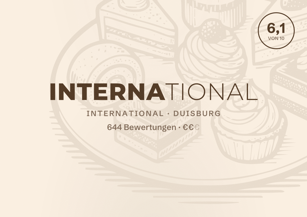 Illustriertes Poster von International, International in Duisburg: Bewertung 6,1 von 10 aus 644 Bewertungen, Preisniveau €€