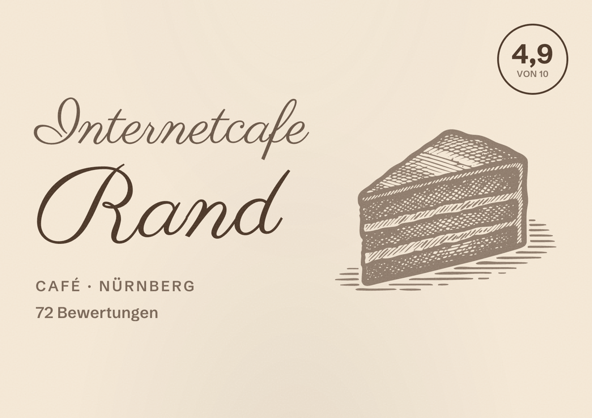 Illustriertes Poster von Internetcafe Rand, Café in Nürnberg: Bewertung 4,9 von 10 aus 72 Bewertungen